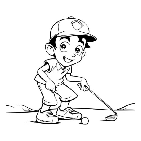 Black and White Cartoon Illustration of Little Boy Playing Golf