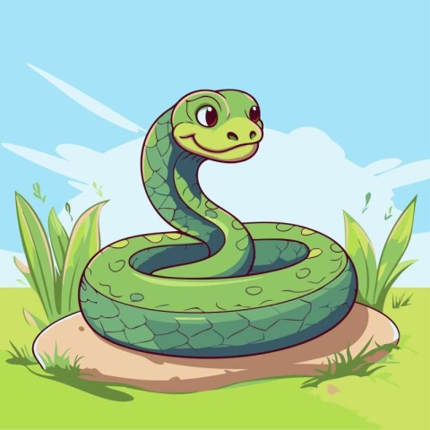 Cute green snake on the grass. Vector illustration of a cartoon