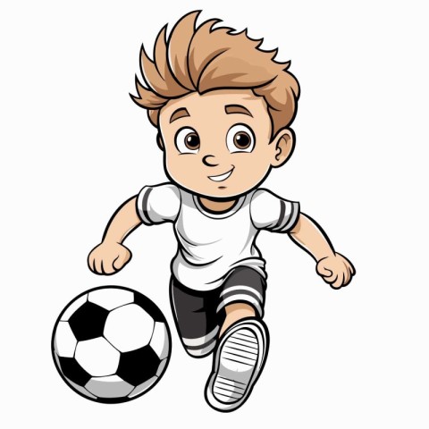 Illustration of a Little Boy Playing Soccer with a Ball on a Whi