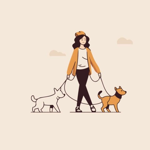 Young woman walking with her dogs. Vector illustration in flat s