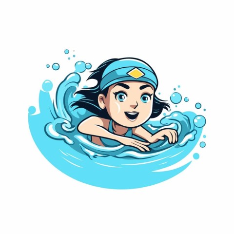 Cute little girl swimming in the sea. cartoon vector illustratio