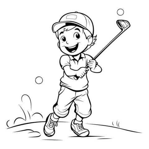 Illustration of a Little Boy Playing Golf - Black and White Cart