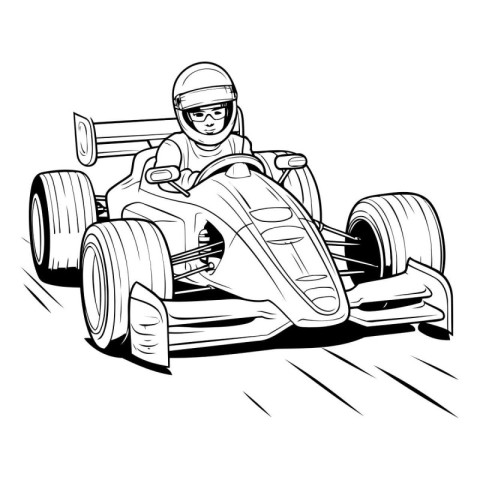 Black and white vector illustration of a young boy driving a rac