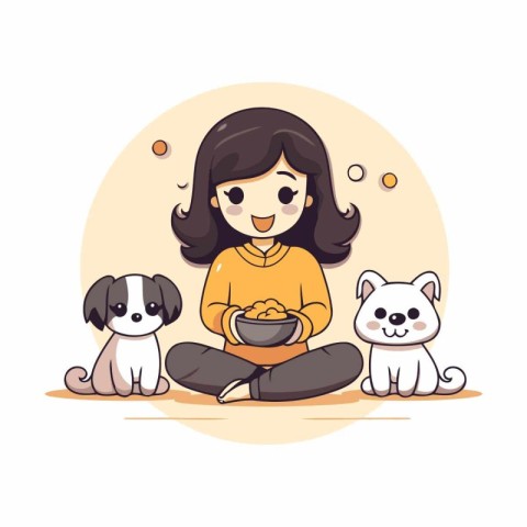 Cute girl with dog and bowl of food. Vector illustration.