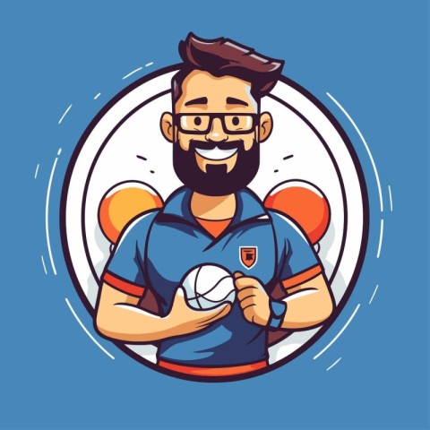 Cheerful rugby player holding ball and racket. Vector illustrati