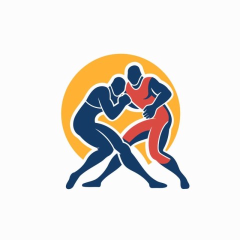 Wrestling logo design template. Two players fight with ball vect