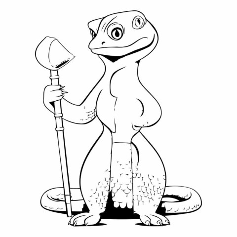 Funny frog with shovel. Vector illustration for coloring book or