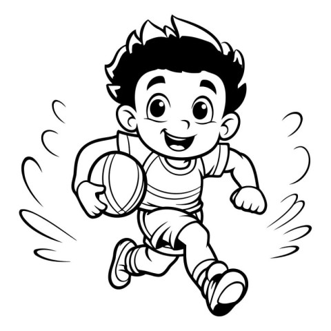 Black and White Cartoon Illustration of a Kid Boy Playing Volley