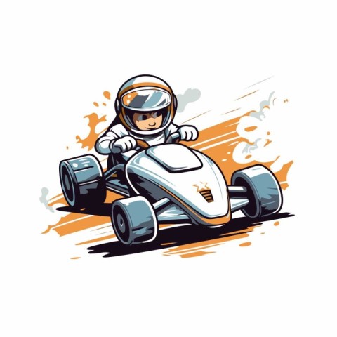 Cartoon vector illustration of a young man driving a race car.