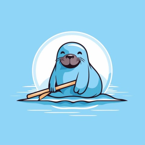 seal with wooden stick on the blue background. vector illustrati