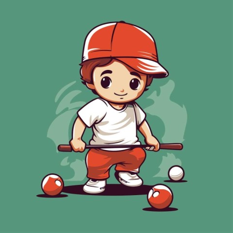 Cute little boy playing baseball. Vector illustration in cartoon