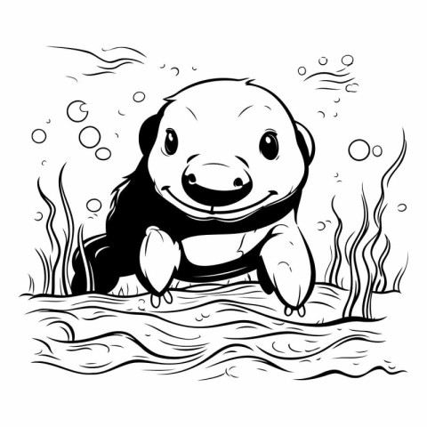 Black and white illustration of a little frog swimming in a pond