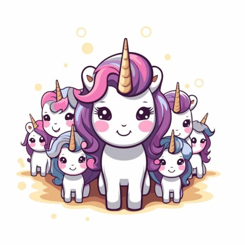 Cute cartoon unicorn with cute little unicorns. vector illustrat