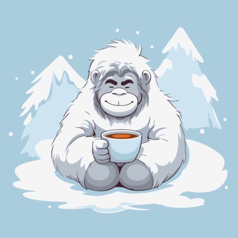 Gorilla with cup of tea on the snow. Vector illustration.