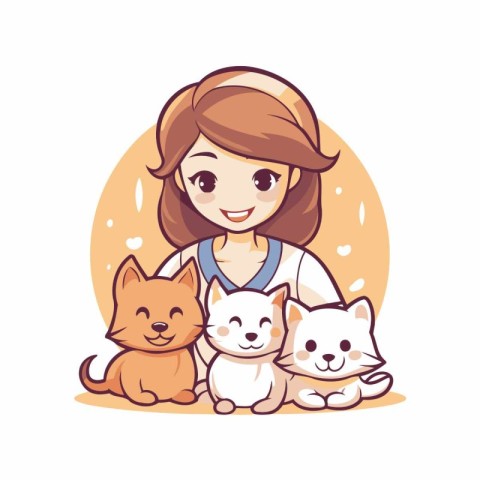 Cute cartoon girl with cat and dog. Vector illustration for your