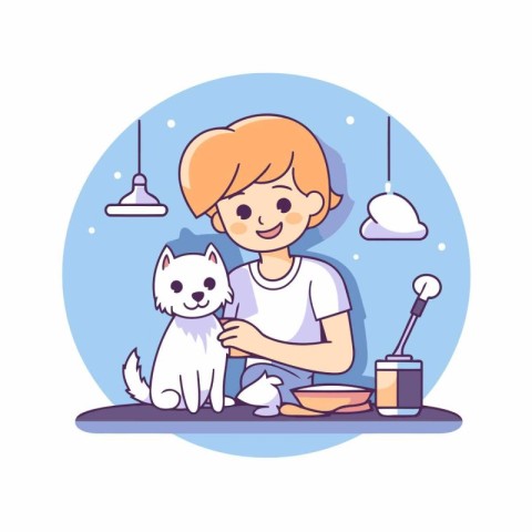 Cute boy with dog at home. Vector illustration in flat style.