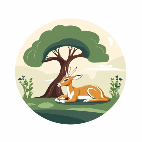 Deer sitting under a tree in the park. Vector illustration.