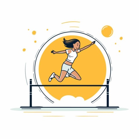 Girl jumping over obstacle. Flat design vector illustration. Spo