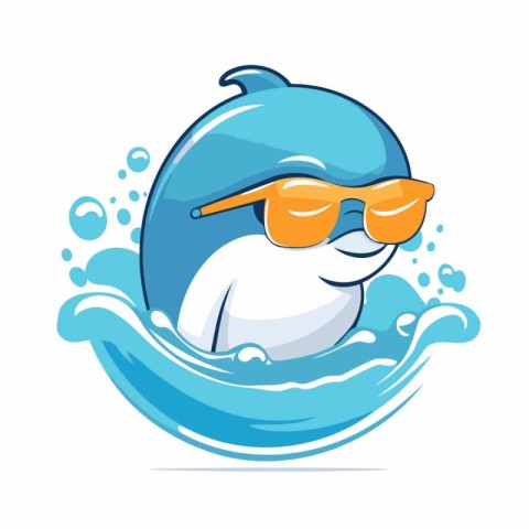 Cute cartoon whale character with sunglasses swimming in the sea