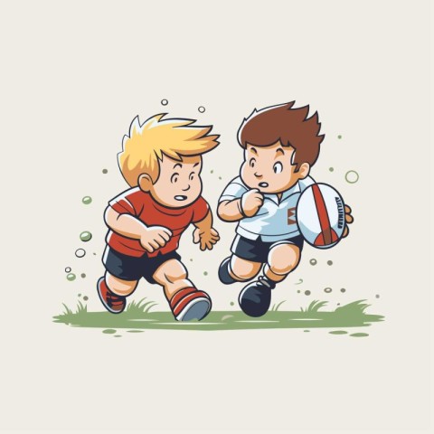 Cute cartoon boy playing rugby with his friend. Vector illustrat