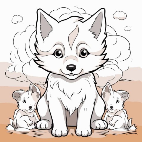 Cute cartoon dog with kittens. Vector illustration for coloring