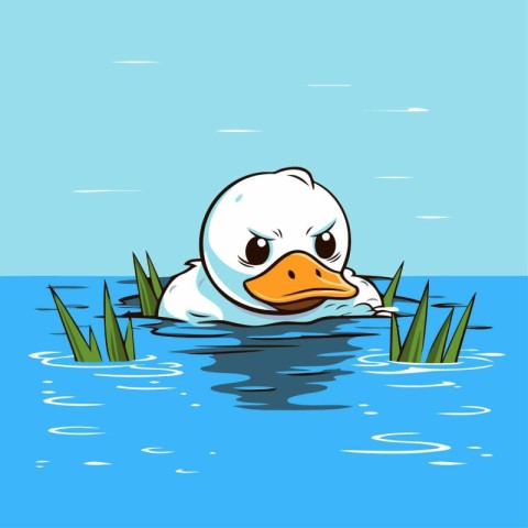 Cute cartoon duck swimming in the lake. Vector illustration. EPS