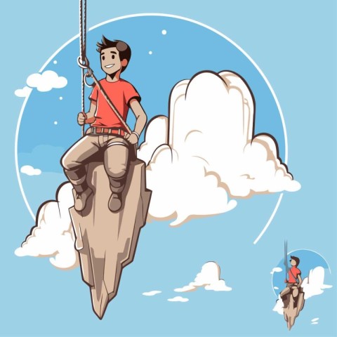 Man climbing on the cloud. Vector illustration in cartoon comic