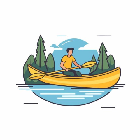 Man in a canoe on the lake. Flat style vector illustration.