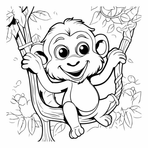 Monkey sitting on a swing. Black and white vector illustration f