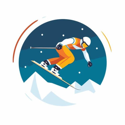 Snowboarder jumping on snowy mountains. Flat style vector illust