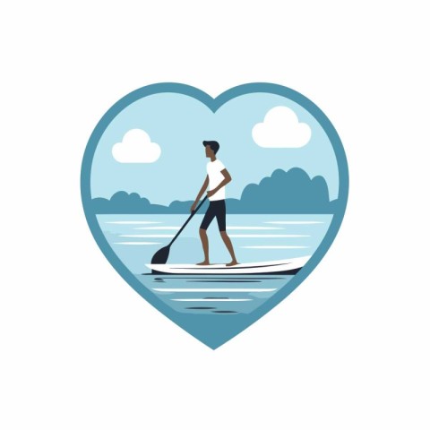 Young man standing on stand up paddle board in the shape of a he