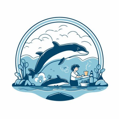 Vector illustration of a boy feeding a dolphin in the ocean. car