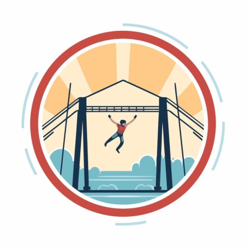 Man jumping over the bridge. Vector illustration in flat design