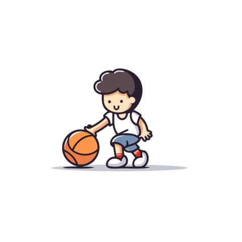 Cute boy playing basketball isolated on white background. Vector