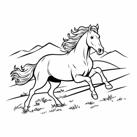 Horse running on the meadow. Black and white vector illustration