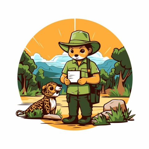 African safari explorer with cheetah and map. Vector illustratio