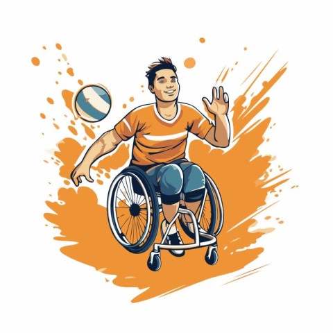 Handicapped man in a wheelchair playing volleyball. vector illus