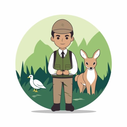 farmer with a dog and a duck in the park vector illustration