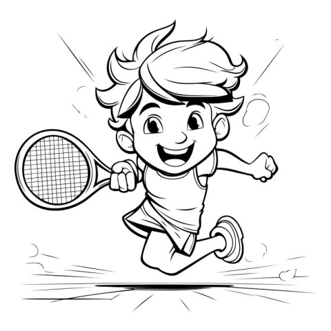 Cartoon Illustration of Little Boy Playing Tennis - Coloring Boo