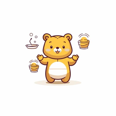 Cute bear character with cup of tea. Vector cartoon illustration