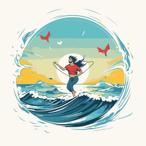 Surfer girl jumping on the wave. Vector illustration in retro st