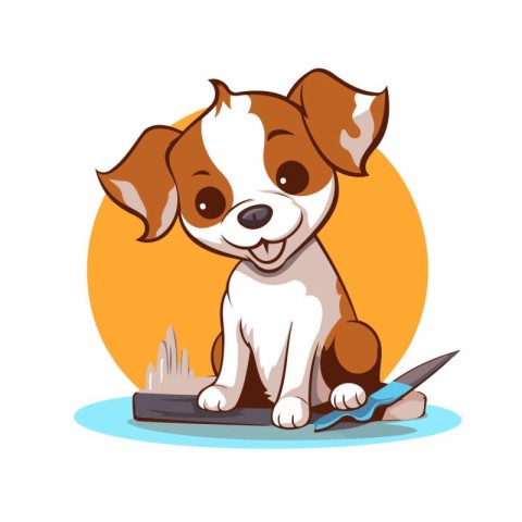 Cute cartoon dog with a knife and scissors. Vector illustration.