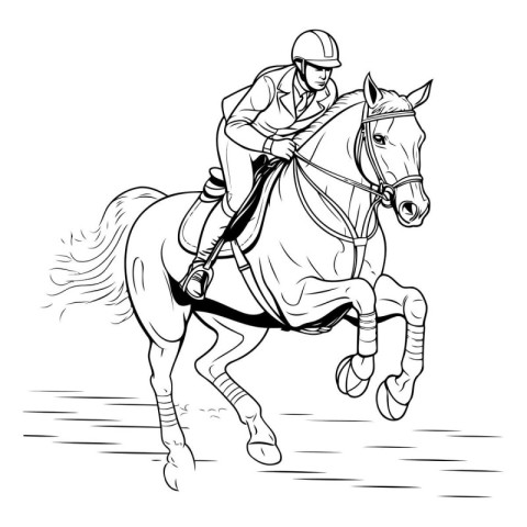 Jockey on horse. Black and white vector illustration for colorin