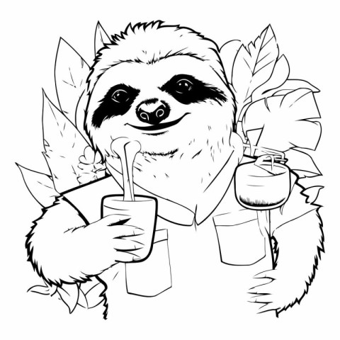 Sloth drinking a cocktail. black and white vector illustration f