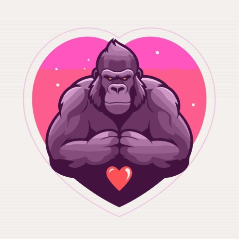 Gorilla in heart shape. Vector illustration in cartoon style.