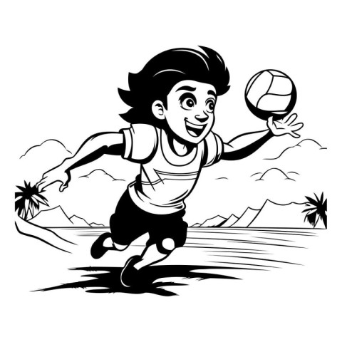 Soccer player with ball. Black and white vector illustration for