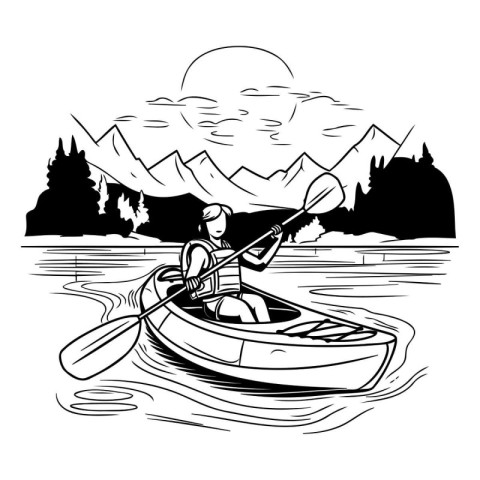 Kayaking on the lake in the mountains. Black and white vector il