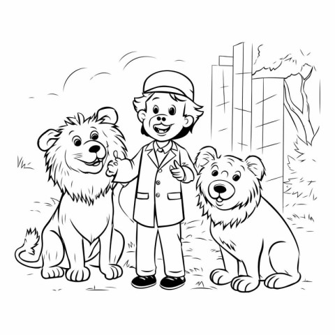 Cartoon illustration of a boy with his dog in the park.