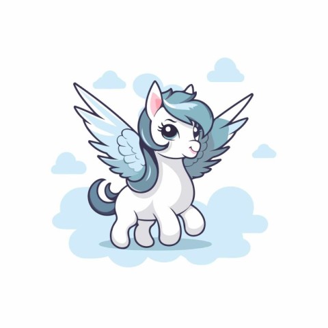 Cute cartoon pegasus with wings and clouds. Vector illustration.