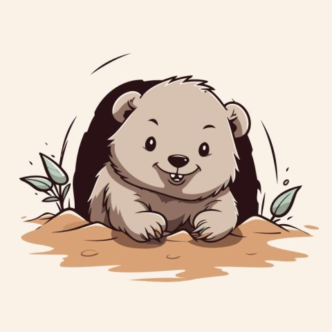 Cute cartoon beaver sitting on the ground. Vector illustration.